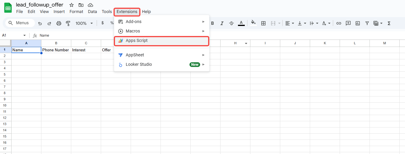 Configure Apps Script Screenshot