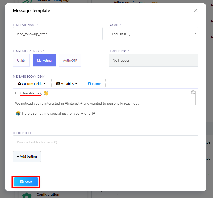 Message Template Screenshot